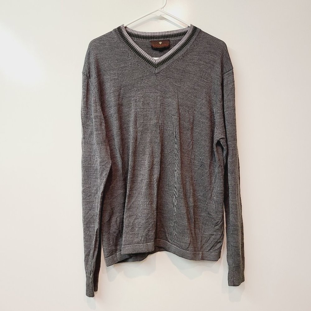 Toscano Gray V Neck Pullover Mens Sweater Merino Wool Blend Medium